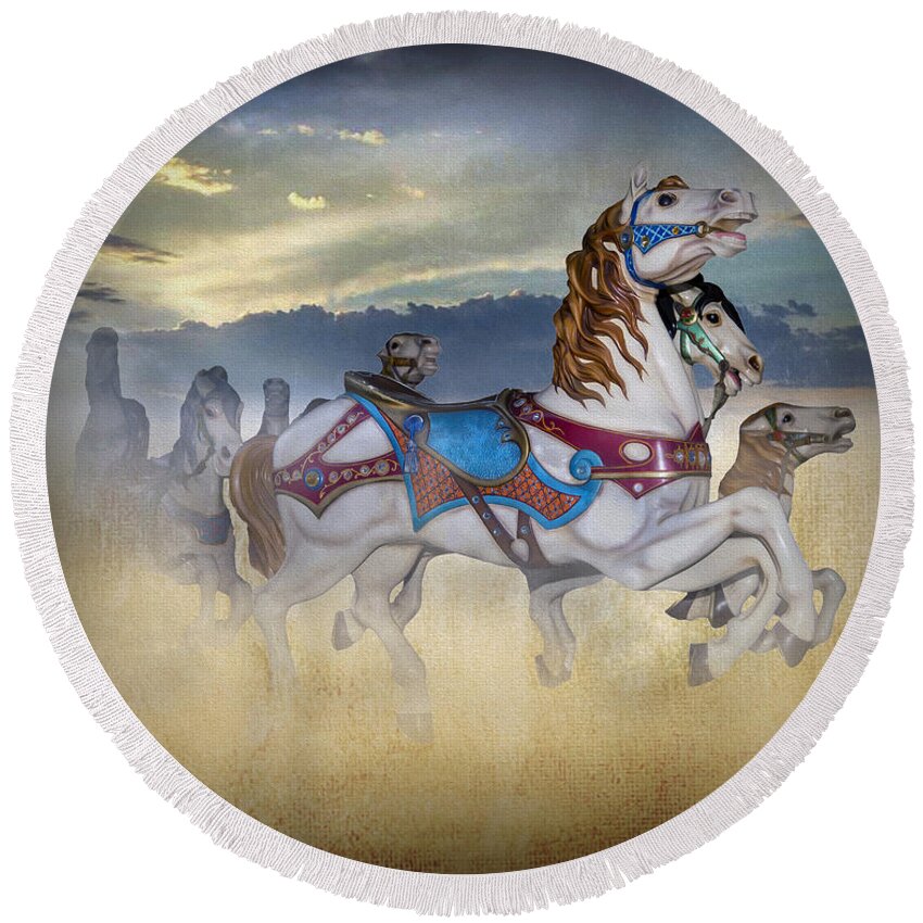 2d Round Beach Towel featuring the photograph Escape Of The Carousel Horses by Brian Wallace