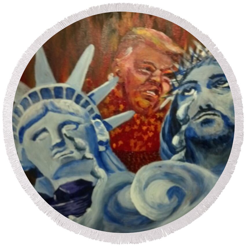 Politics Round Beach Towel featuring the painting Escape on Tears of Love and Liberty by Saundra Johnson