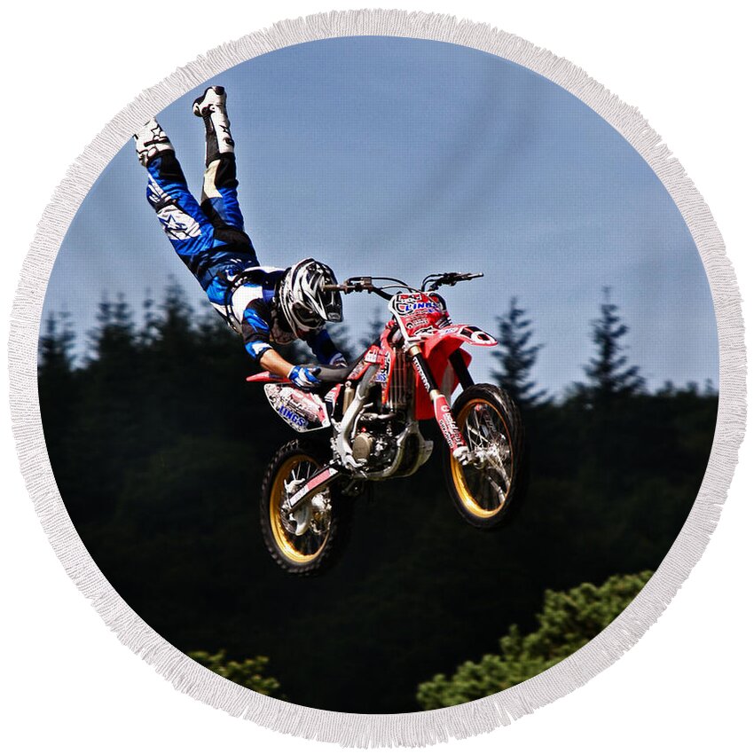 Motocross Round Beach Towel featuring the photograph Escaping Motorbike by Ang El