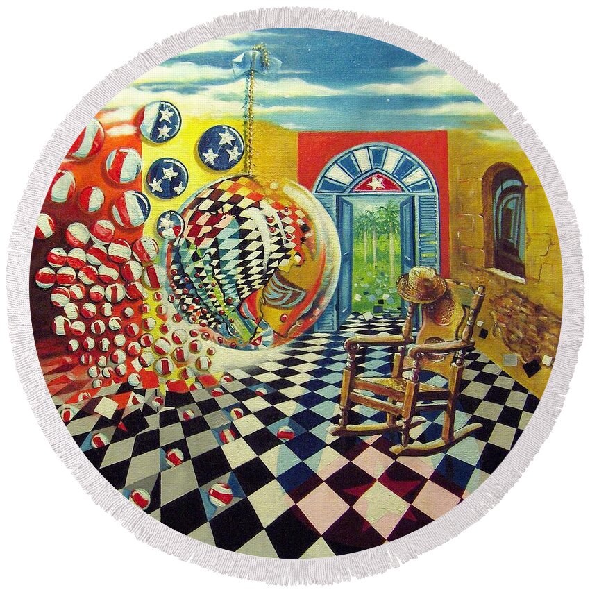 Spheres Round Beach Towel featuring the painting Esperando ansiosamente la salida by Roger Calle