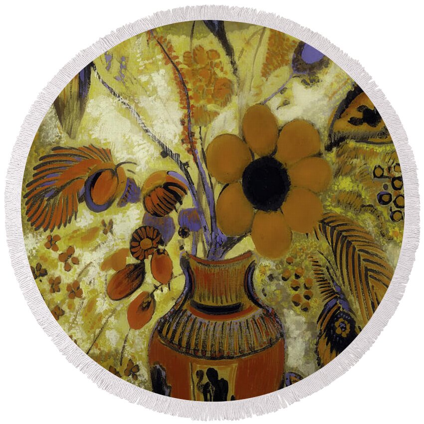 Painting Round Beach Towel featuring the painting Etrusian Vase With Flowers by Mountain Dreams