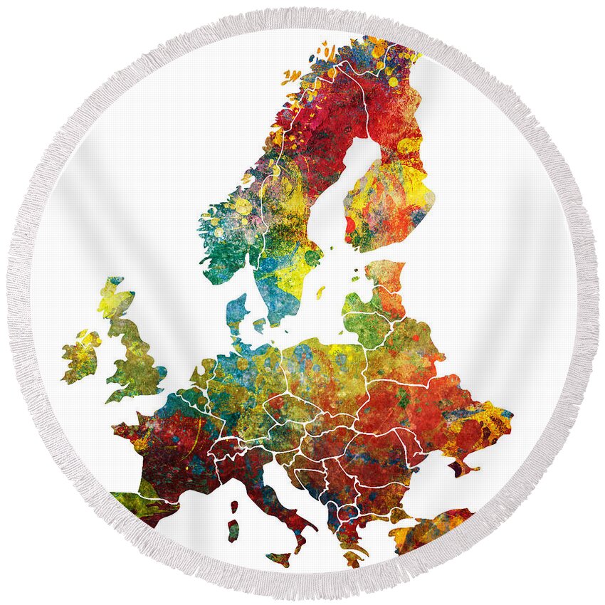 Europe Map Round Beach Towel featuring the digital art Europe Map dark colored by Justyna Jaszke JBJart
