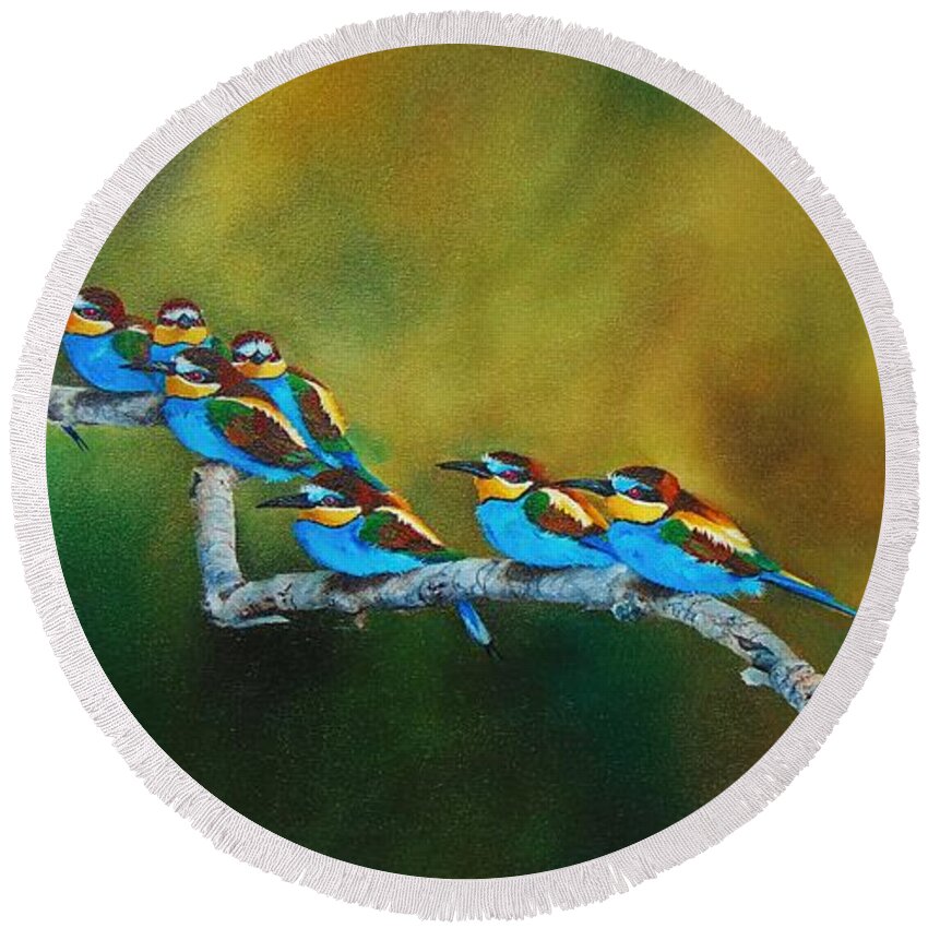Birds Round Beach Towel featuring the painting European Bee Eaters by Dana Newman