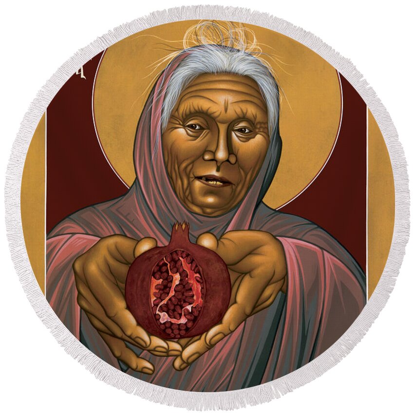 Eve Round Beach Towel featuring the painting Eve, The Mother of All - RLEMA by Br Robert Lentz OFM