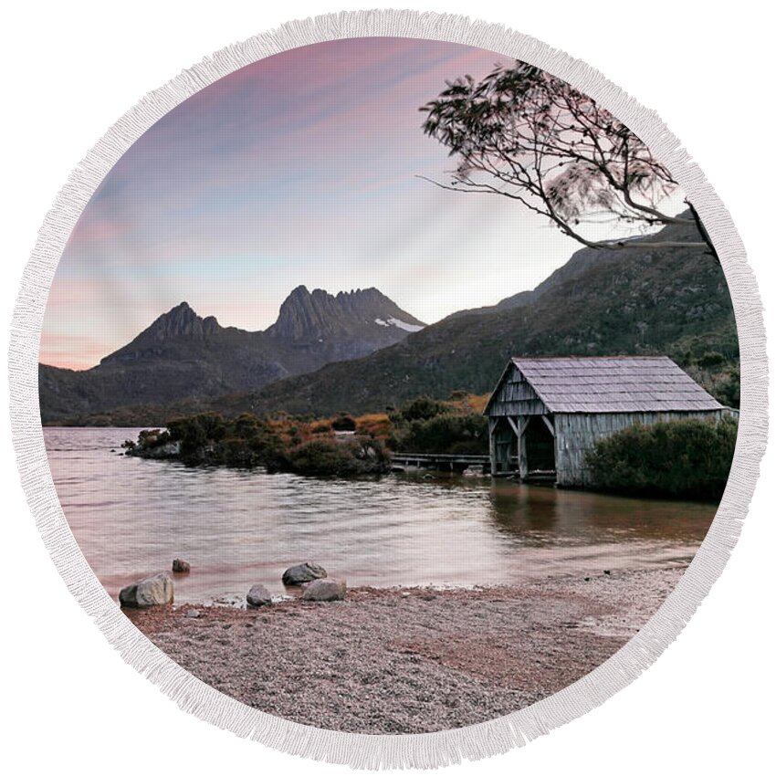 Evening Round Beach Towel featuring the photograph Evening at Dove Lake by Nicholas Blackwell
