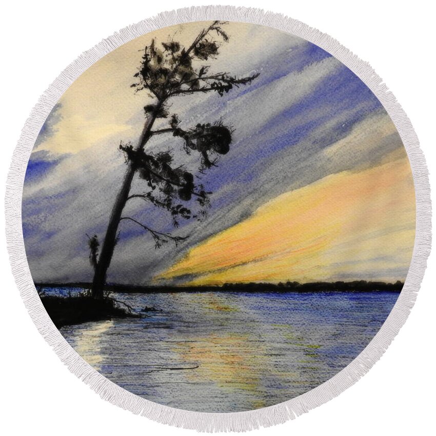 Watercolour And Fineliner Pen Round Beach Towel featuring the painting Evening at Petrie Island by Betty-Anne McDonald