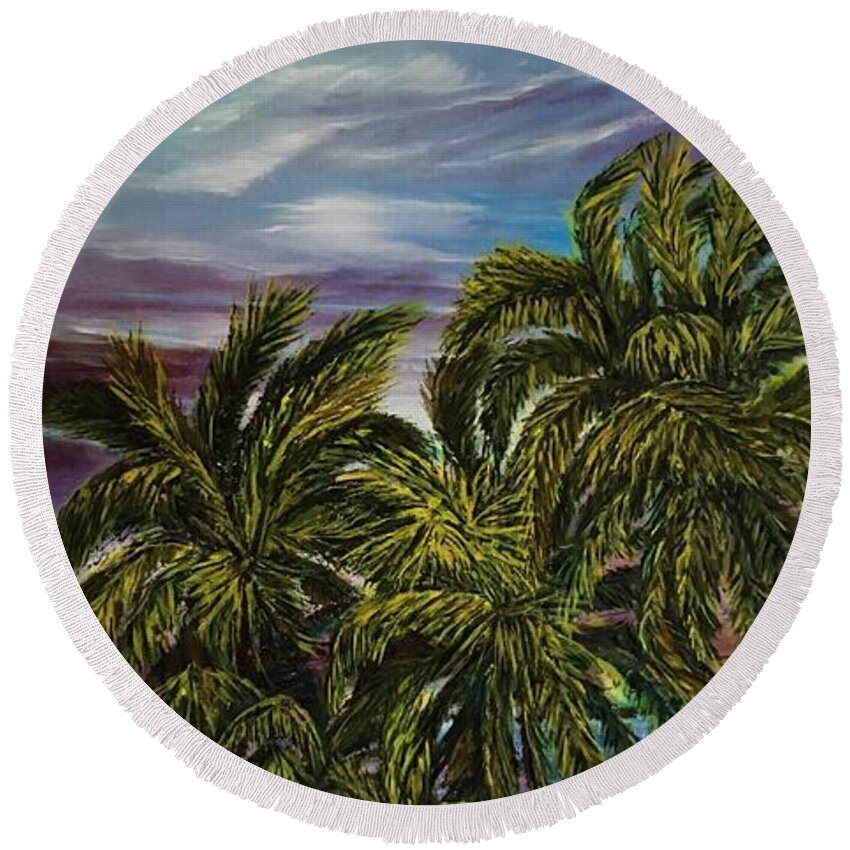 Island Scene Round Beach Towel featuring the painting Evening at Kumu nul Beach by Michael Silbaugh