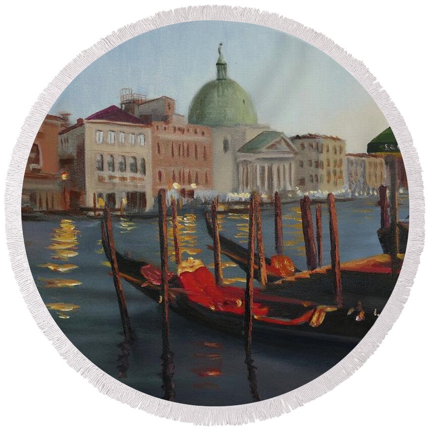Venice Round Beach Towel featuring the painting Evening in Venice by Laura Toth