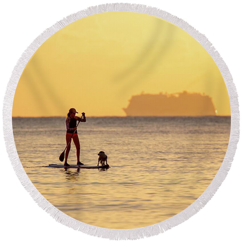 Board Round Beach Towel featuring the photograph Evening Paddle by David Buhler