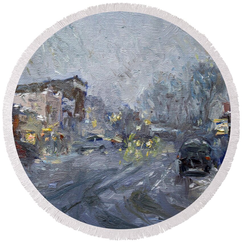 Evening Round Beach Towel featuring the painting Evening Snowfall at Webster St by Ylli Haruni
