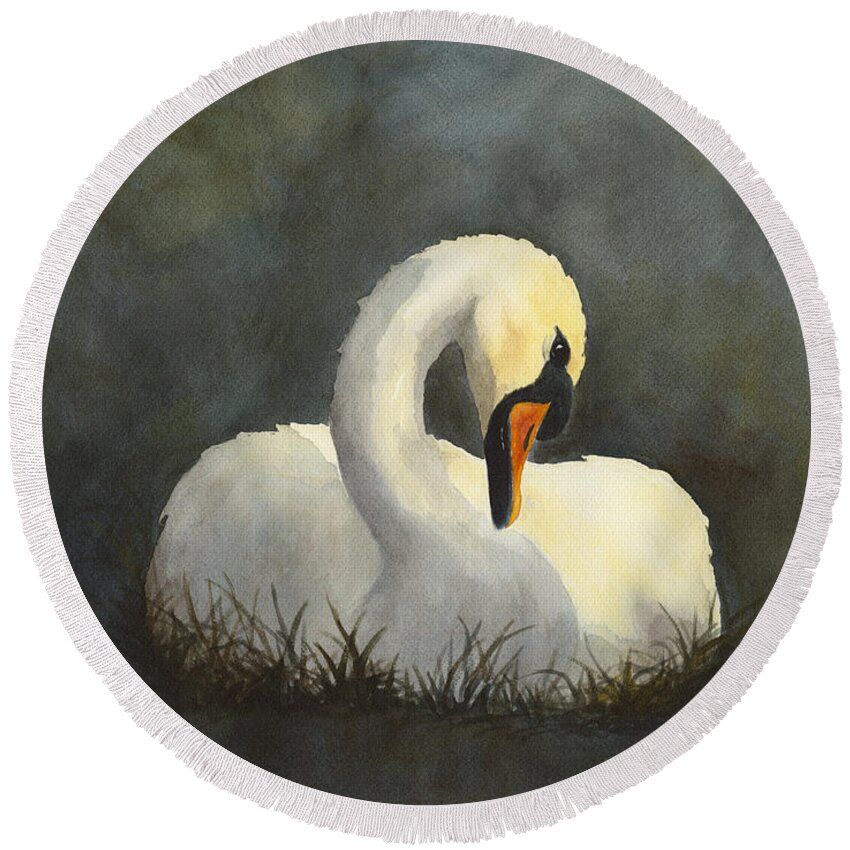 Swan Round Beach Towel featuring the painting Evening Swan by Phyllis Howard