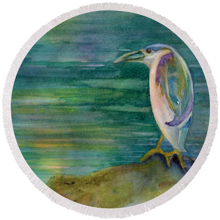 Black Headed Night Heron Round Beach Towel featuring the painting Evening Watch by Amy Kirkpatrick