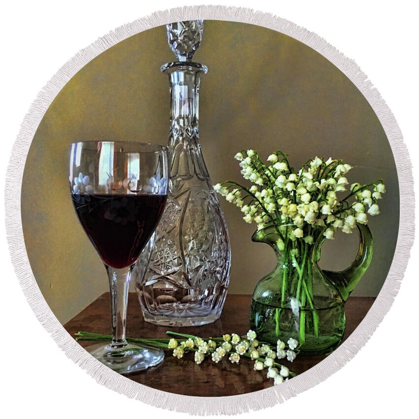 Pamela Briggs-luther Round Beach Towel featuring the photograph Evening Wine and Flowers by Luther Fine Art