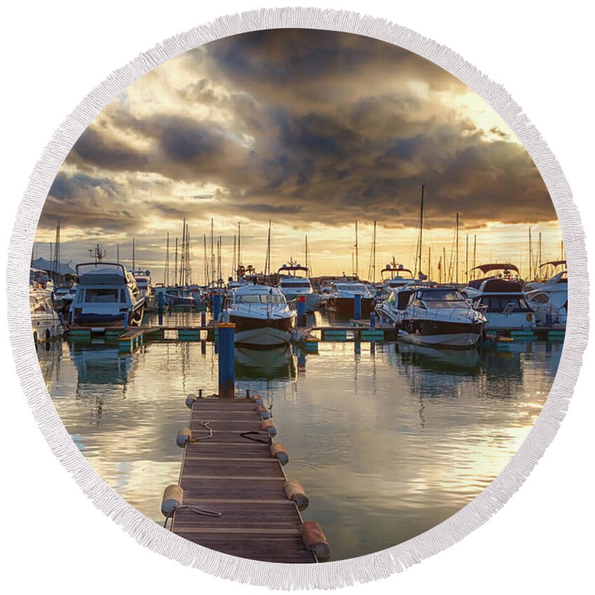 Dock Round Beach Towel featuring the photograph evening yachts marine, Algarve, Portugal by Ariadna De Raadt