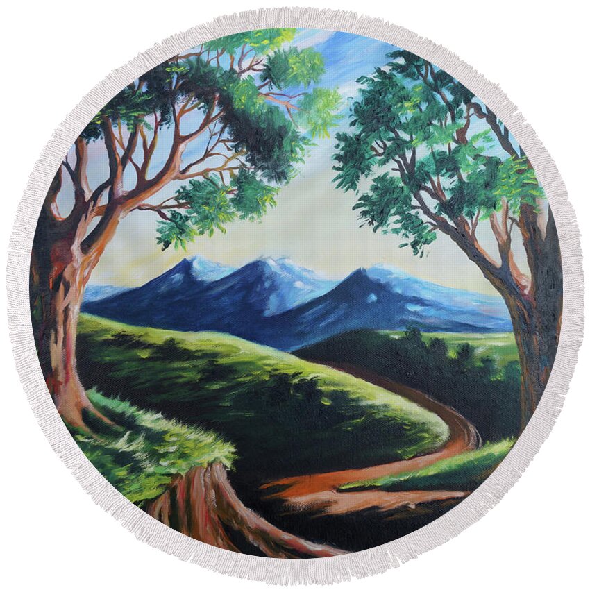 Branches Round Beach Towel featuring the painting Ever Green by Anthony Mwangi