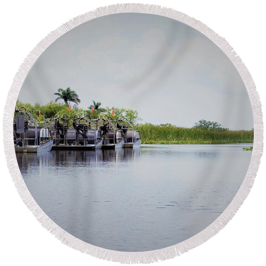 Fanboats Round Beach Towel featuring the photograph Everglades Fanboats by Mark Mitchell
