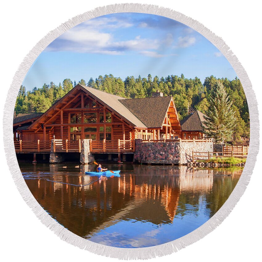 2016 Round Beach Towel featuring the photograph Evergreen Boathouse by Tim Kathka