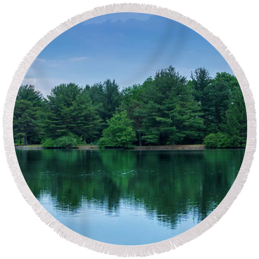 Nature Round Beach Towel featuring the photograph Evergreen Lake Reflections by Jason Fink