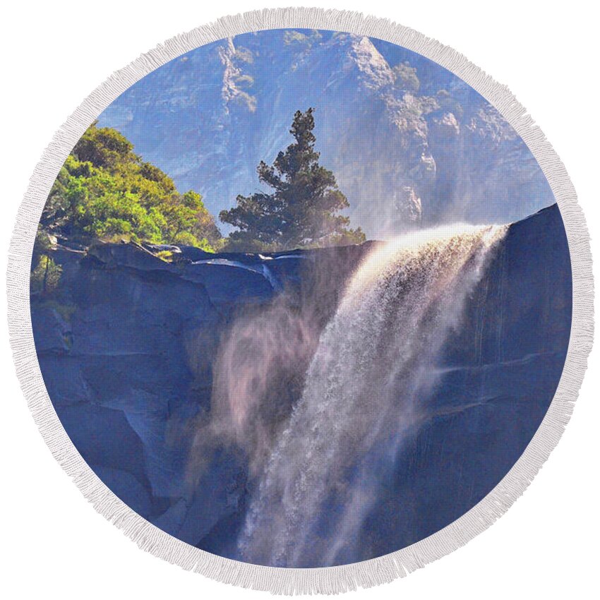 Yosemite Round Beach Towel featuring the photograph Evergreen Pines and Bridalveil Falls by Debby Pueschel