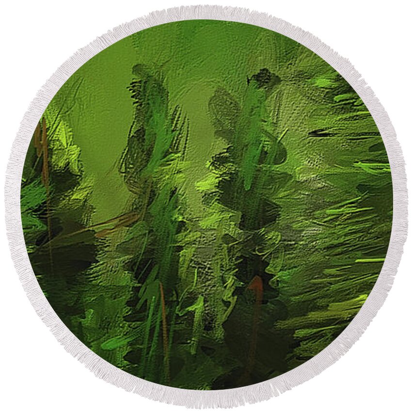 Green Round Beach Towel featuring the painting Evergreens - Green Abstract Art by Lourry Legarde