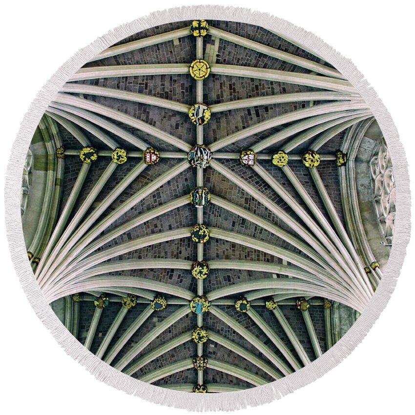 Vaulted Round Beach Towel featuring the photograph Exeter Cathedral Vaulted ceiling by Jeff Townsend