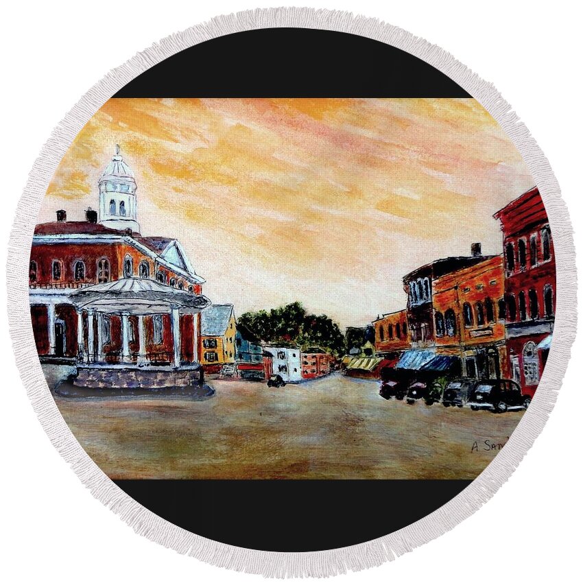 Exeter Round Beach Towel featuring the painting Exeter NH circa 1920 by Anne Sands