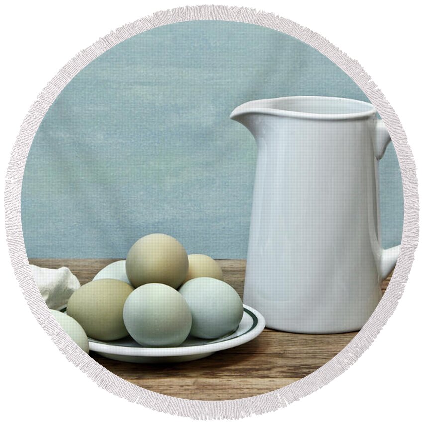 Eggs Round Beach Towel featuring the photograph Exotic Colored Eggs with Pitcher by Pattie Calfy