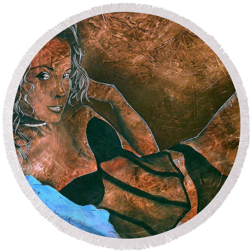 Nude Paintings Round Beach Towel featuring the painting Expectation - Alexis by Richard Hoedl