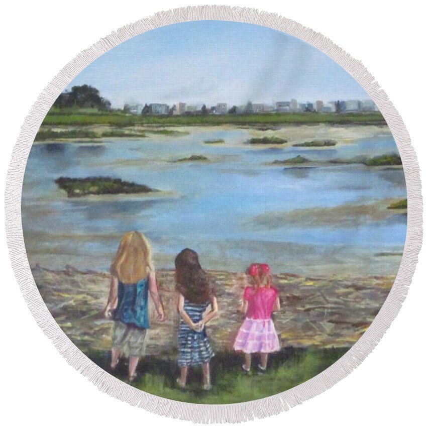 Acrylic Round Beach Towel featuring the painting Exploring The Marshes by Paula Pagliughi