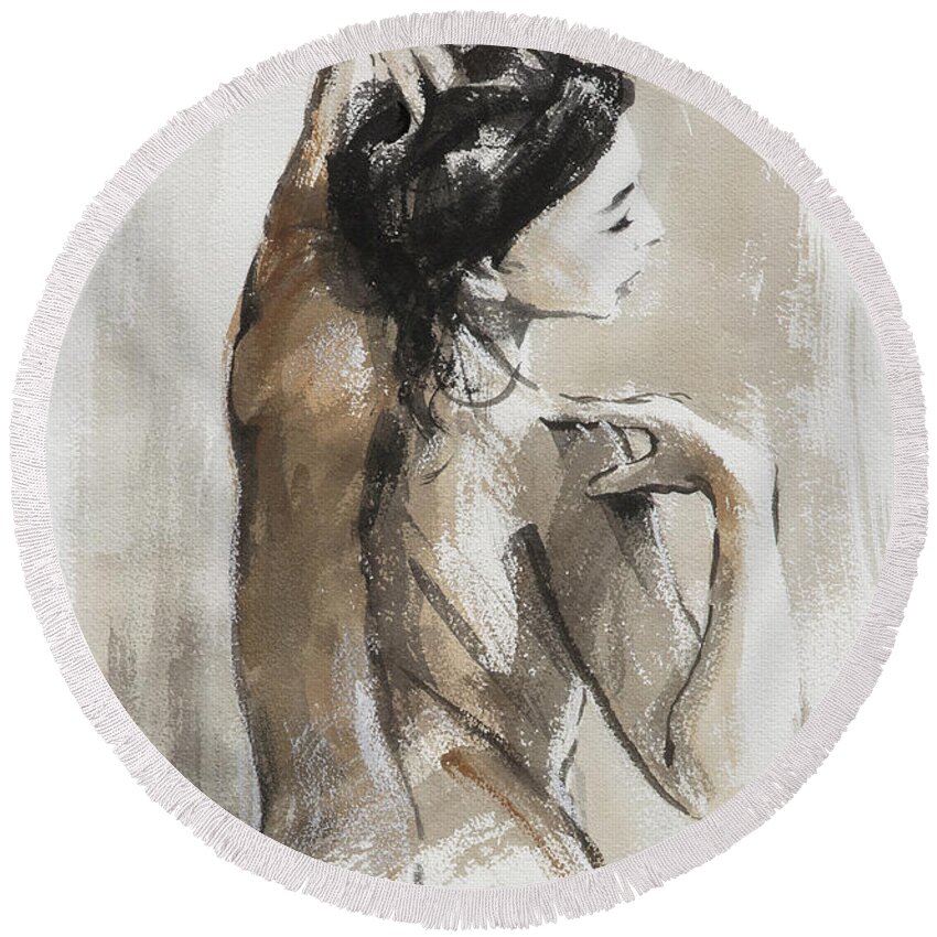 Woman Round Beach Towel featuring the painting Expression by Steve Henderson