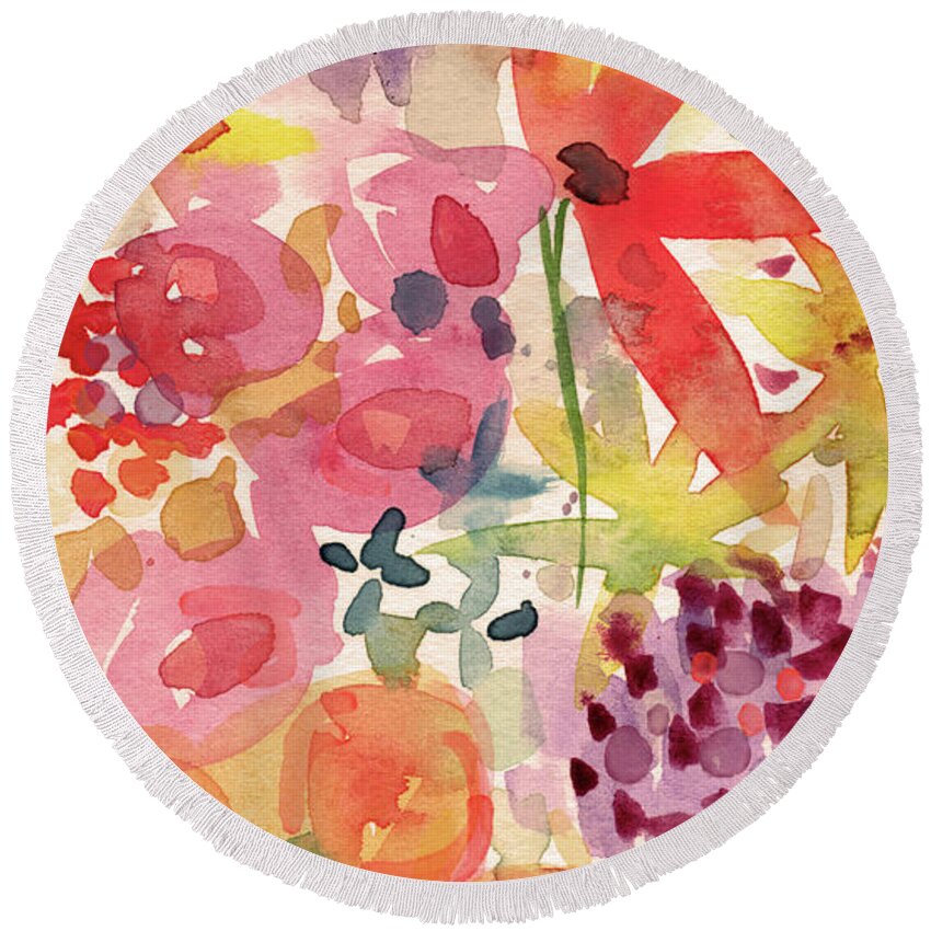 Flowers Round Beach Towel featuring the mixed media Expressionist Fall Garden- Art by Linda Woods by Linda Woods