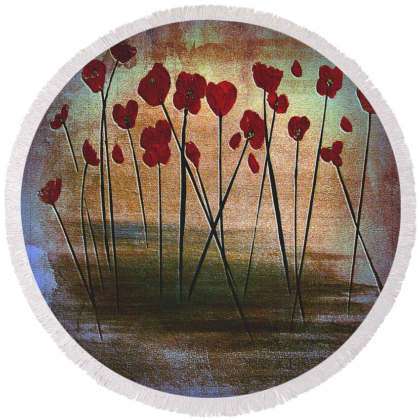 Martha Ann Round Beach Towel featuring the painting Expressive Floral Red Poppy Field 725 by Mas Art Studio
