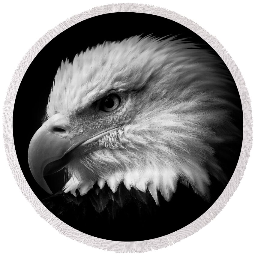 Eagle Round Beach Towel featuring the photograph Eye Of The Eagle BW by Athena Mckinzie
