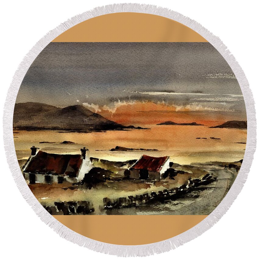 Ireland Round Beach Towel featuring the painting Omey Sunset, Galway by Val Byrne