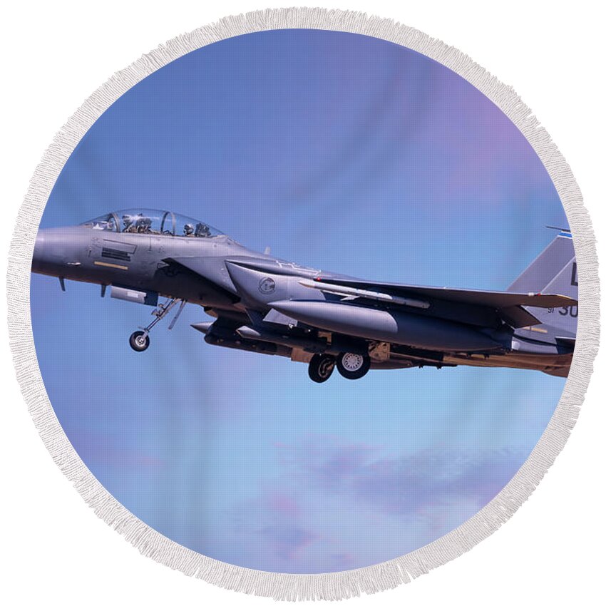 Usaf Round Beach Towel featuring the photograph F15 coming into land lowering landing gear by Simon Bratt