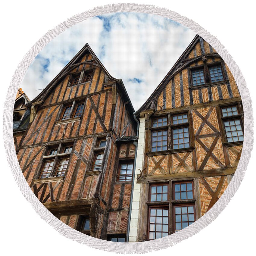 Tours Round Beach Towel featuring the photograph Facades of half-timbered houses in Tours, France by GoodMood Art