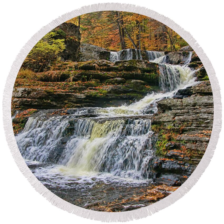 Fall Round Beach Towel featuring the photograph Factory Falls - Childs State Park by Allen Beatty