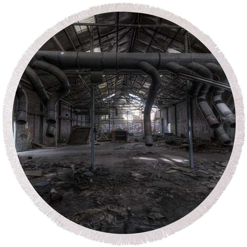 Abandoned Round Beach Towel featuring the photograph Factory by Svetlana Sewell