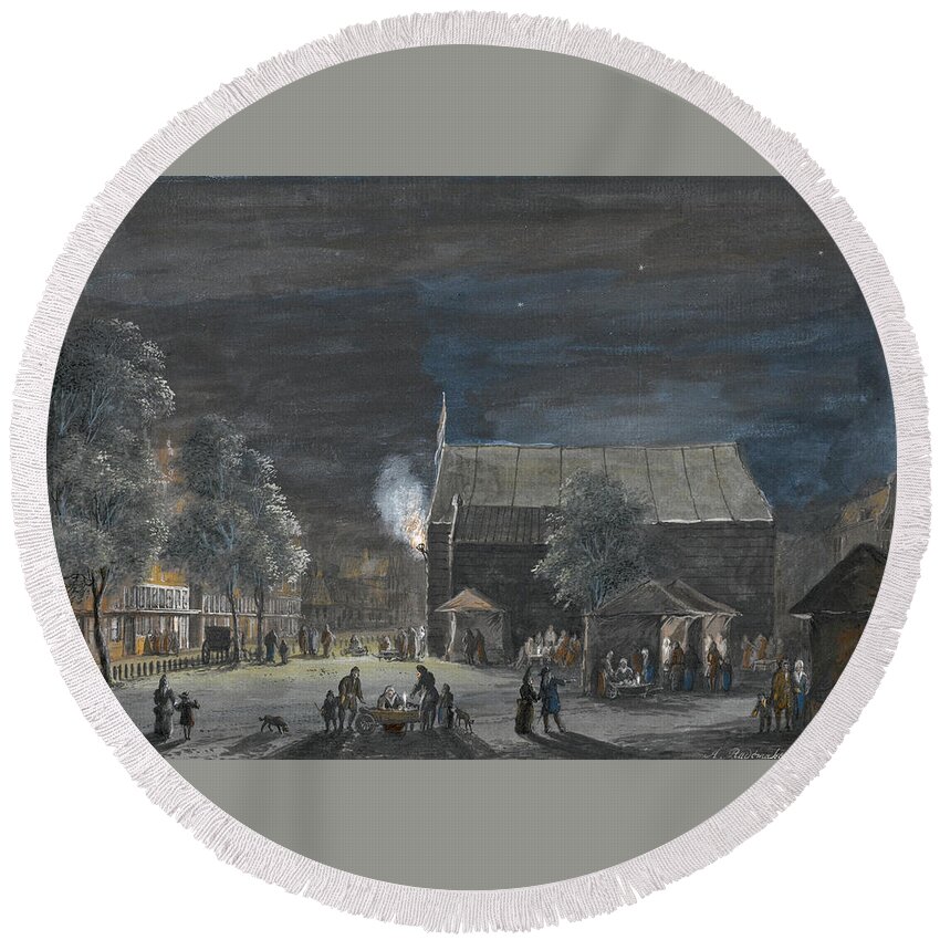 Abraham Rademaker Round Beach Towel featuring the drawing Fair on the Boterplein Amsterdam by night by Abraham Rademaker