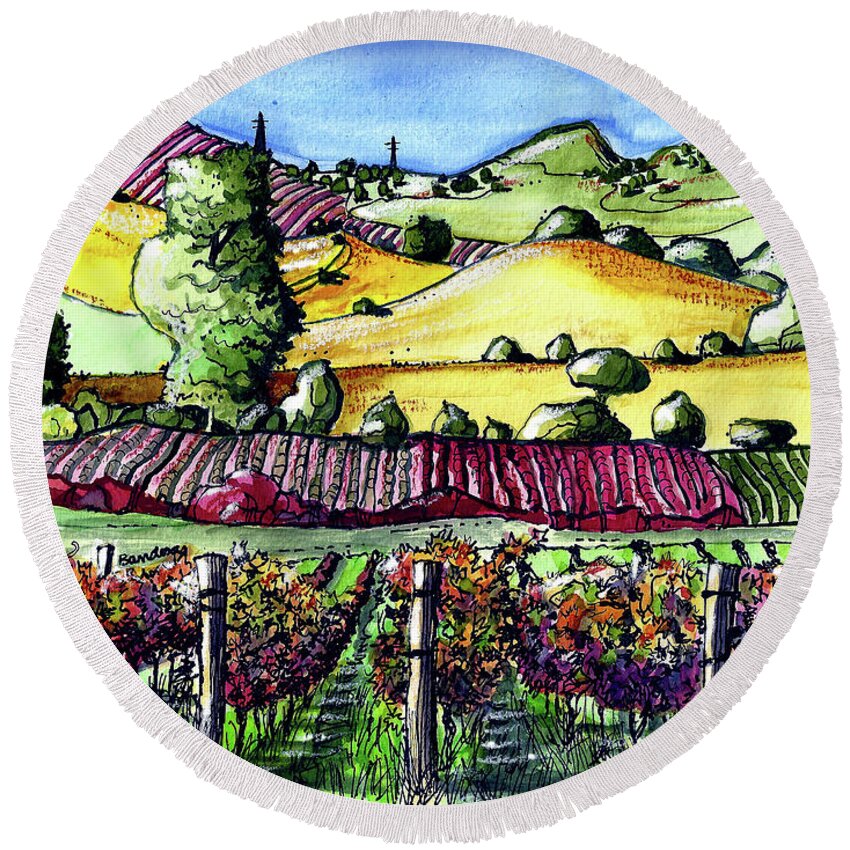 Napa Round Beach Towel featuring the painting Fairfield Vineyards by Terry Banderas