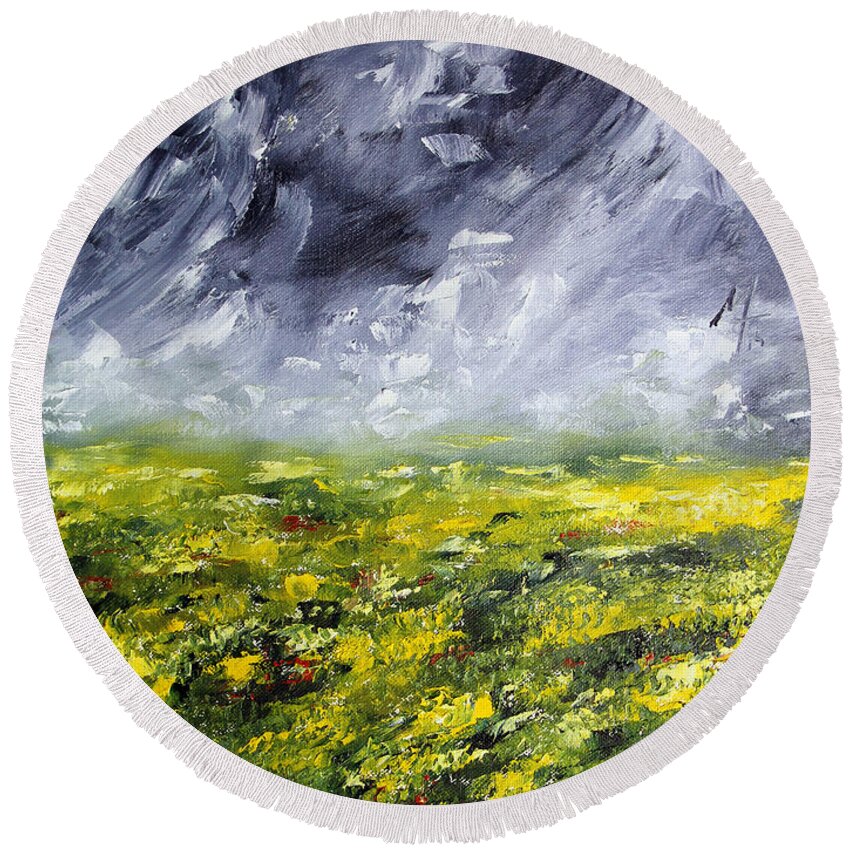 Mustard Field Round Beach Towel featuring the painting Faith Holds by Meaghan Troup