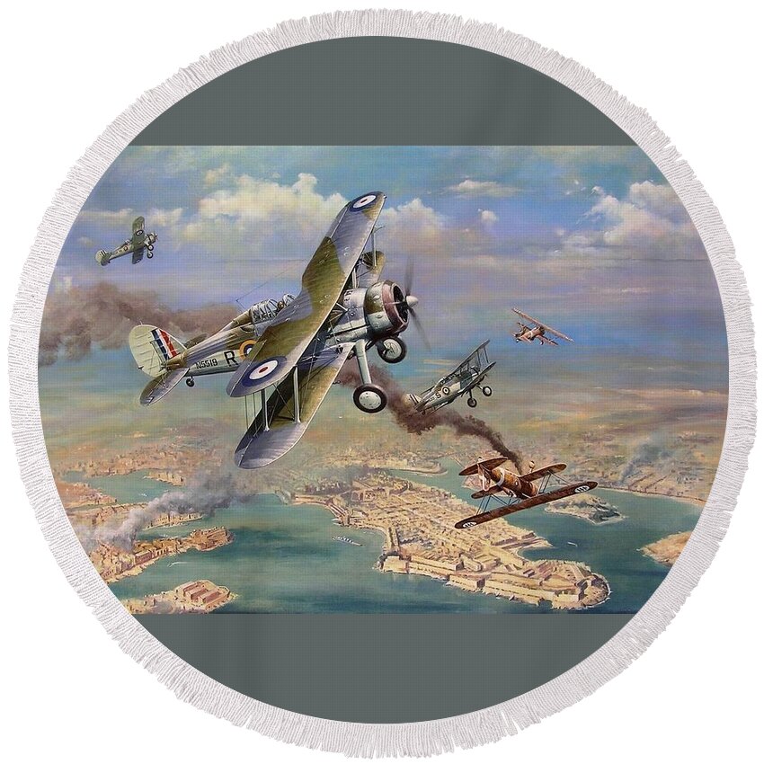 Gloster Gladiator. Malta Ww2. Aerial Combat Over Malta Round Beach Towel featuring the painting 'Faith, Hope and Charity' by Colin Parker