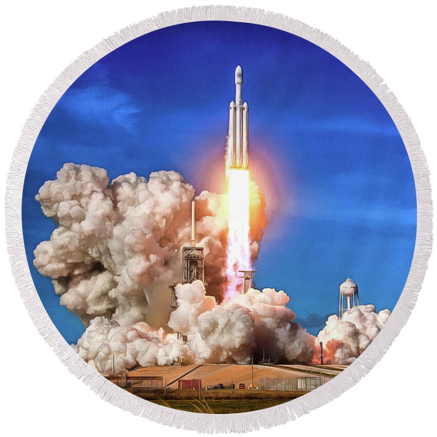 Falcon Heavy Round Beach Towel featuring the photograph Falcon Heavy SpaceX rocket launch maiden flight by SpaceX