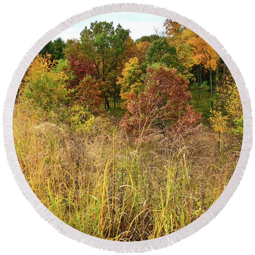 Mchenry County Round Beach Towel featuring the photograph Fall Color Comes to Bull Valley by Ray Mathis