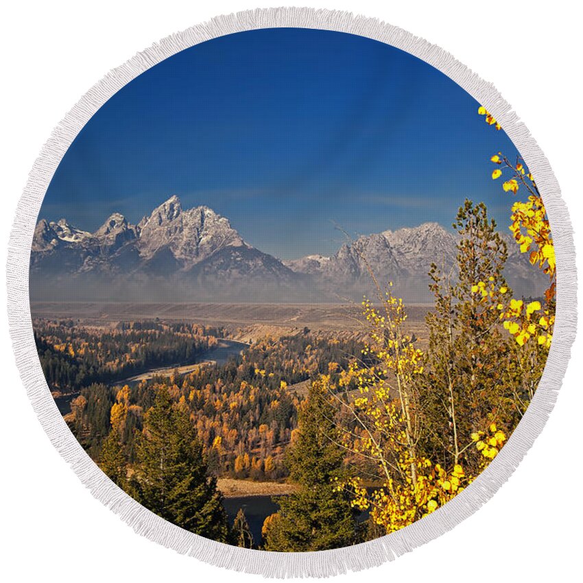 Grand Tetons Round Beach Towel featuring the photograph Fall Colors at the Snake River Overlook by Sam Antonio