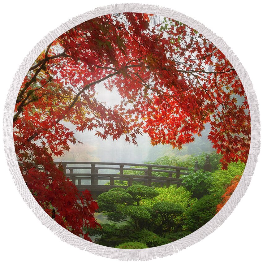 Fall Round Beach Towel featuring the photograph Fall Colors by the Moon Bridge by David Gn