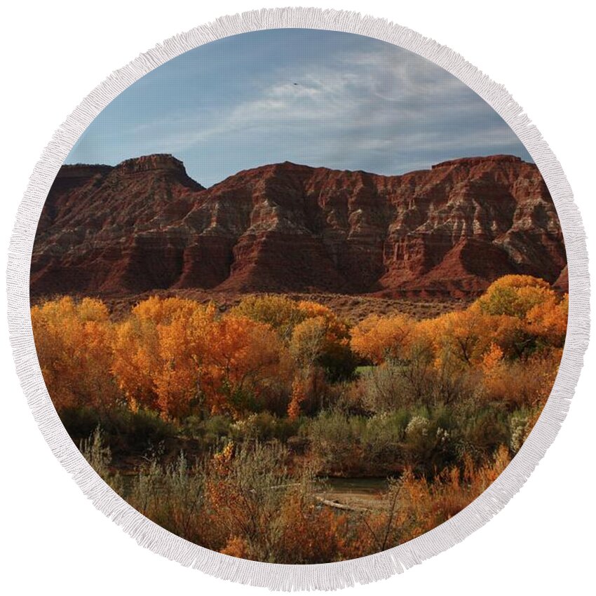 Fall Foliage Zion Nat. Park Landscape Round Beach Towel featuring the photograph Fall Colors Near Zion by Barbara Smith-Baker