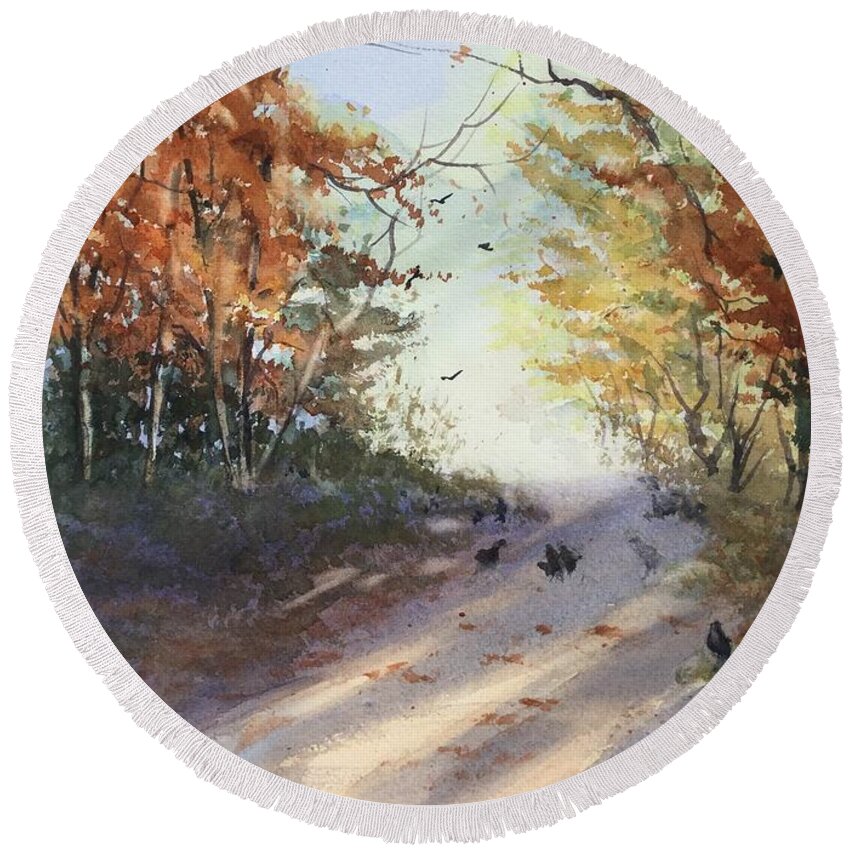 Watercolor Round Beach Towel featuring the painting Fall Early Morning by Watercolor Meditations