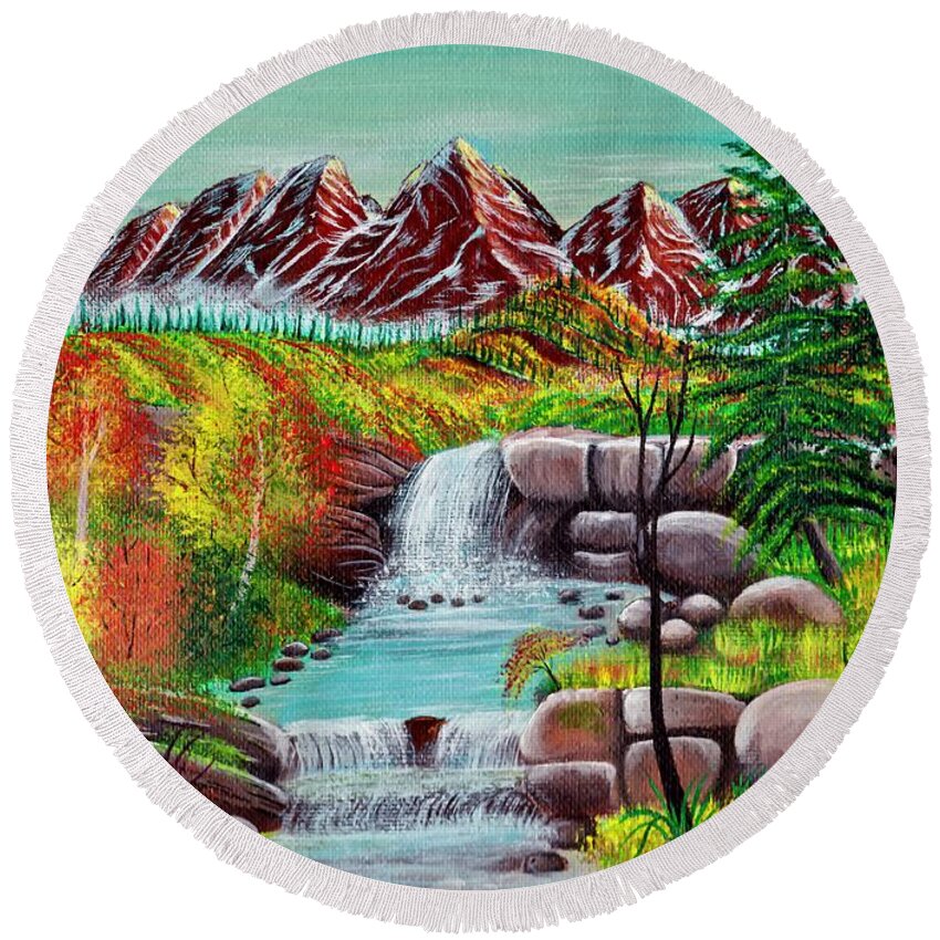 Painting Round Beach Towel featuring the painting Fall in Mountain Valley by Sudakshina Bhattacharya