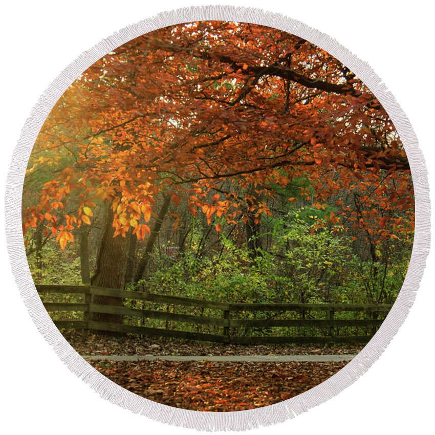 Fence Round Beach Towel featuring the photograph Fall on the Beech by Joni Eskridge